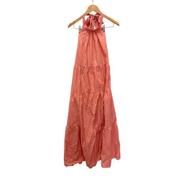 Theory Tiered Halter Maxi Dress Cotton Blend Pink Coral Large Event Minimalist - Picture 4 of 7
